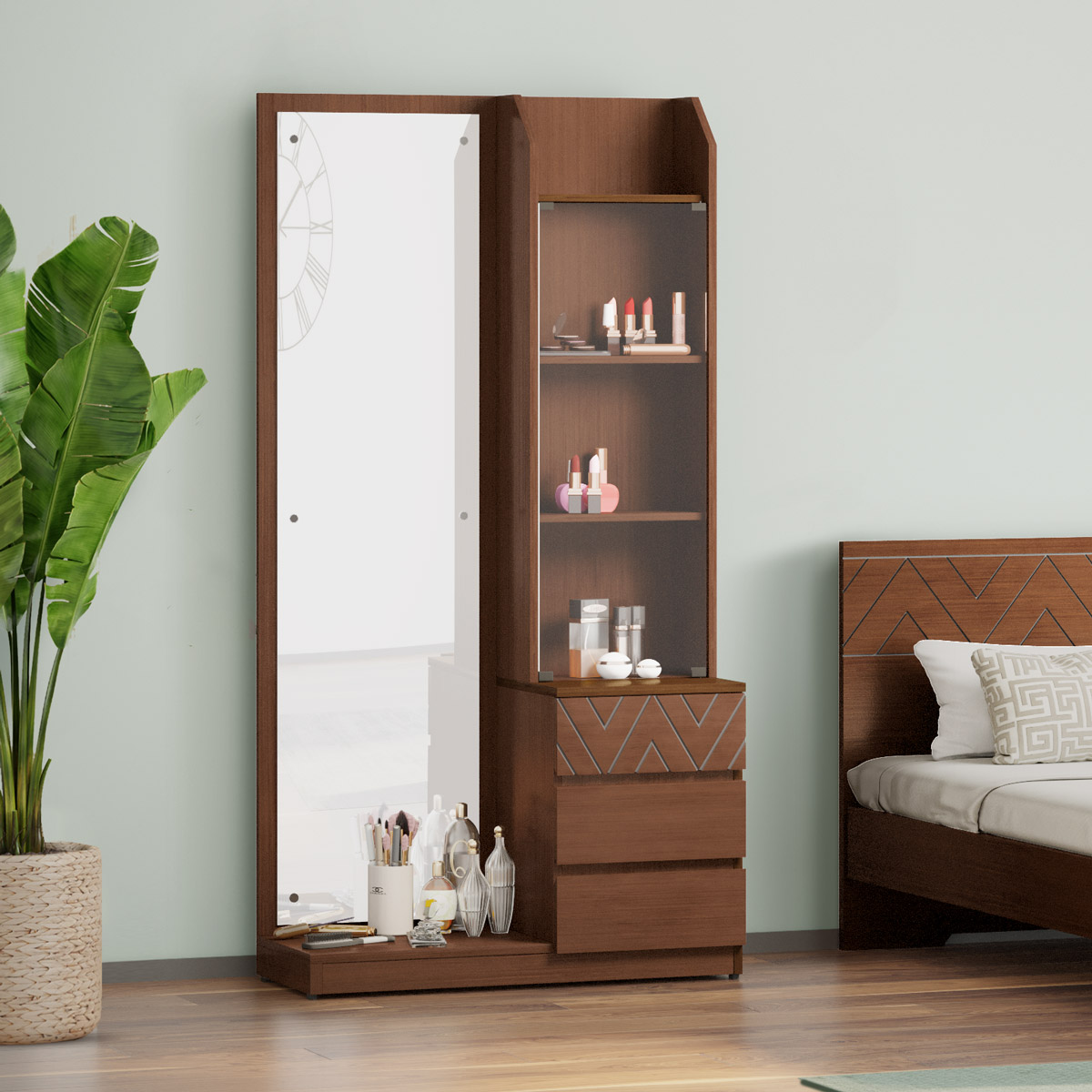 Modern Dressing Table with Mirror and Wooden Cabinet